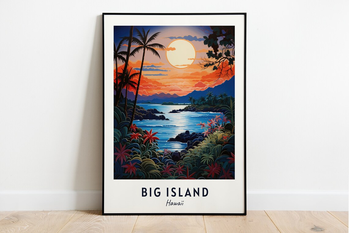 Big Island Hawaii Moonlit Cove Palm Trees Lava Rock Shore Travel Poster