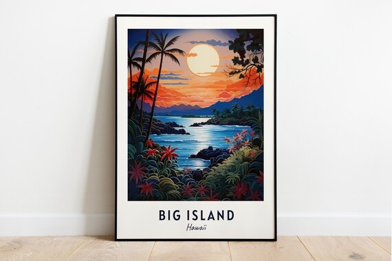 Big Island Hawaii Moonlit Cove Palm Trees Lava Rock Shore Travel Poster