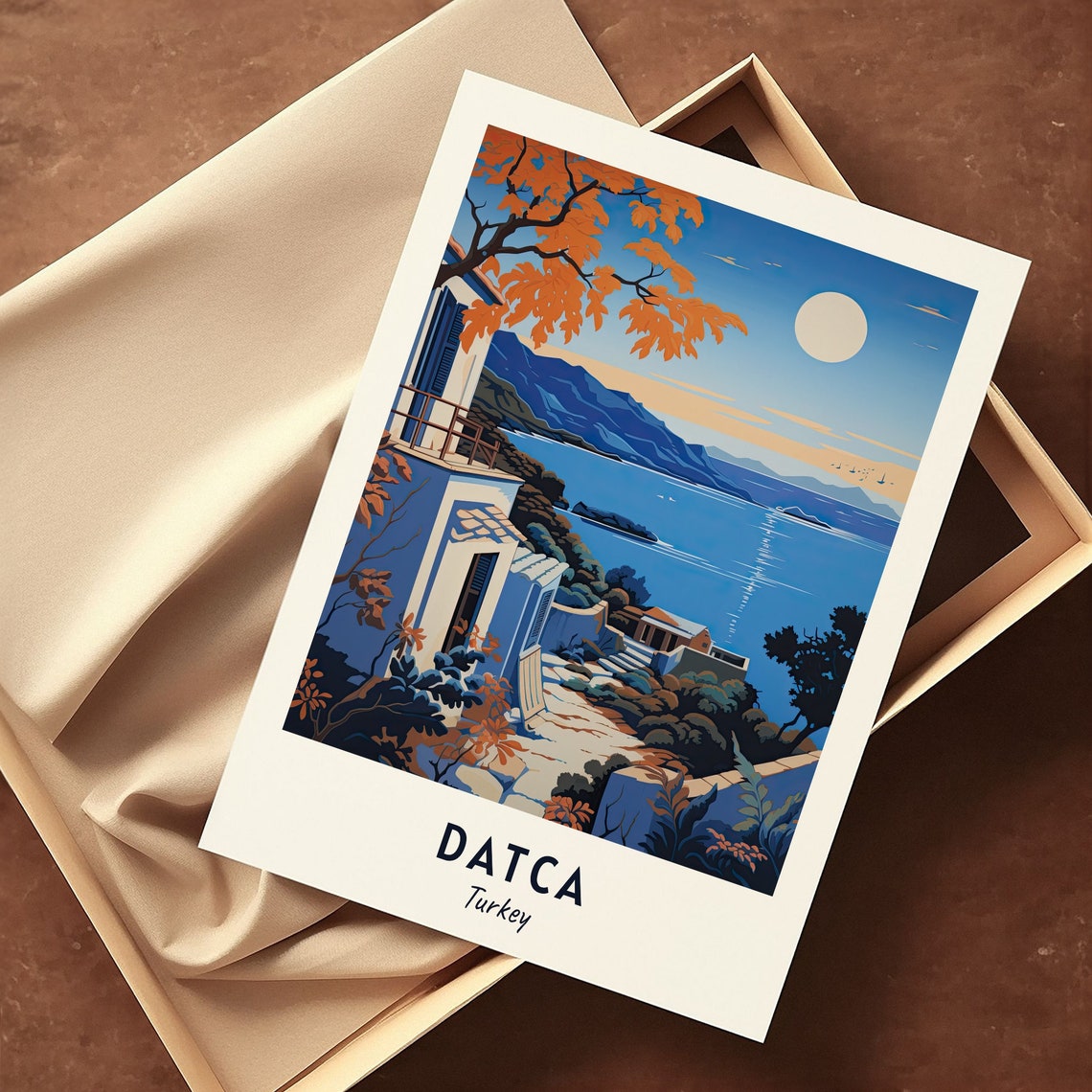 Datca Turkey Moonlit Coastline Blue Cove White Houses Travel Poster - Image 3