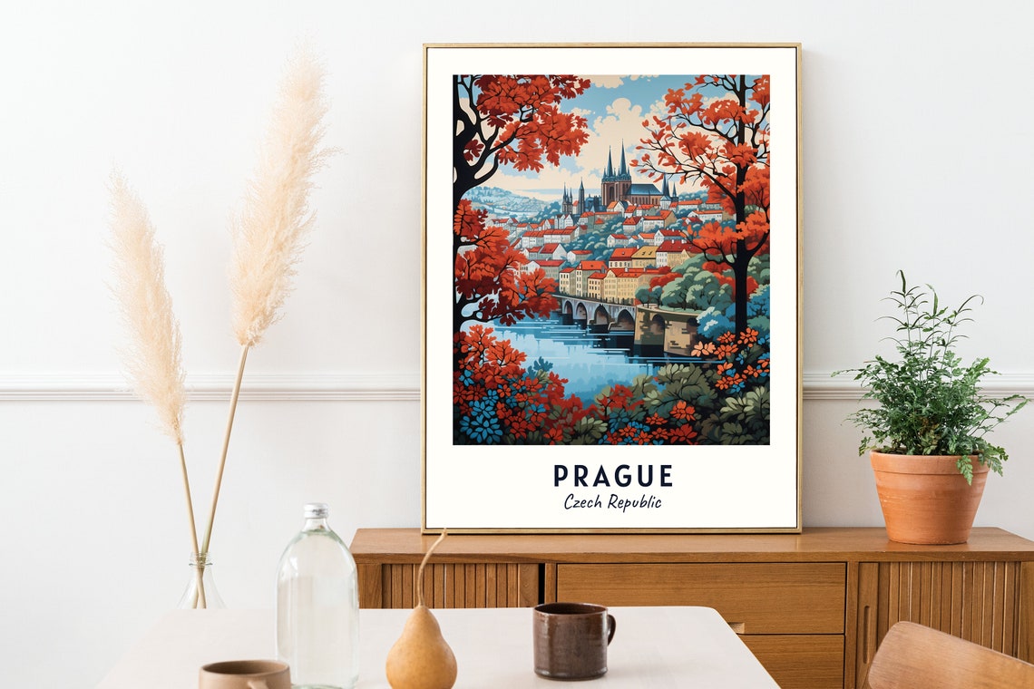 Prague Charles Bridge Framed by Red Autumn Trees Czech Poster - Image 2