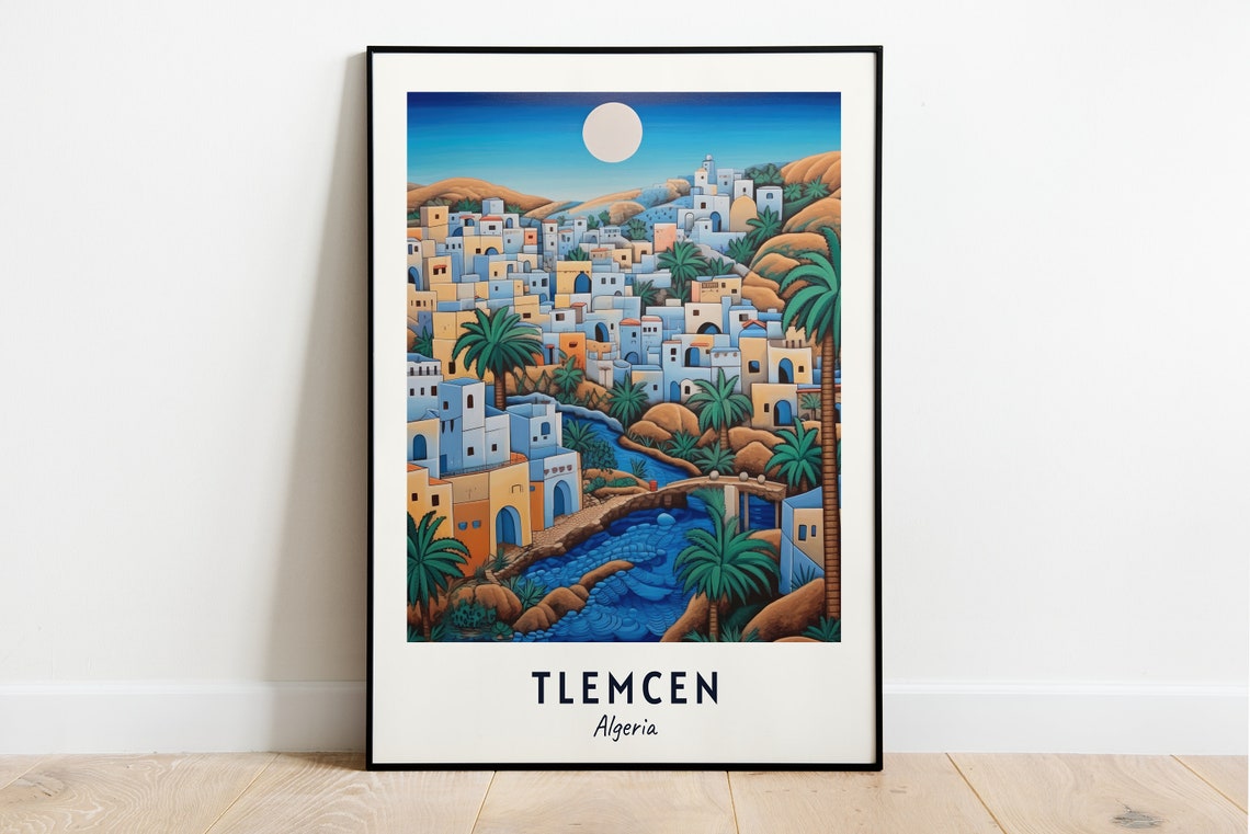 Tlemcen Algeria Moonlit Hillside Town Of Blue And Ochre Houses Poster