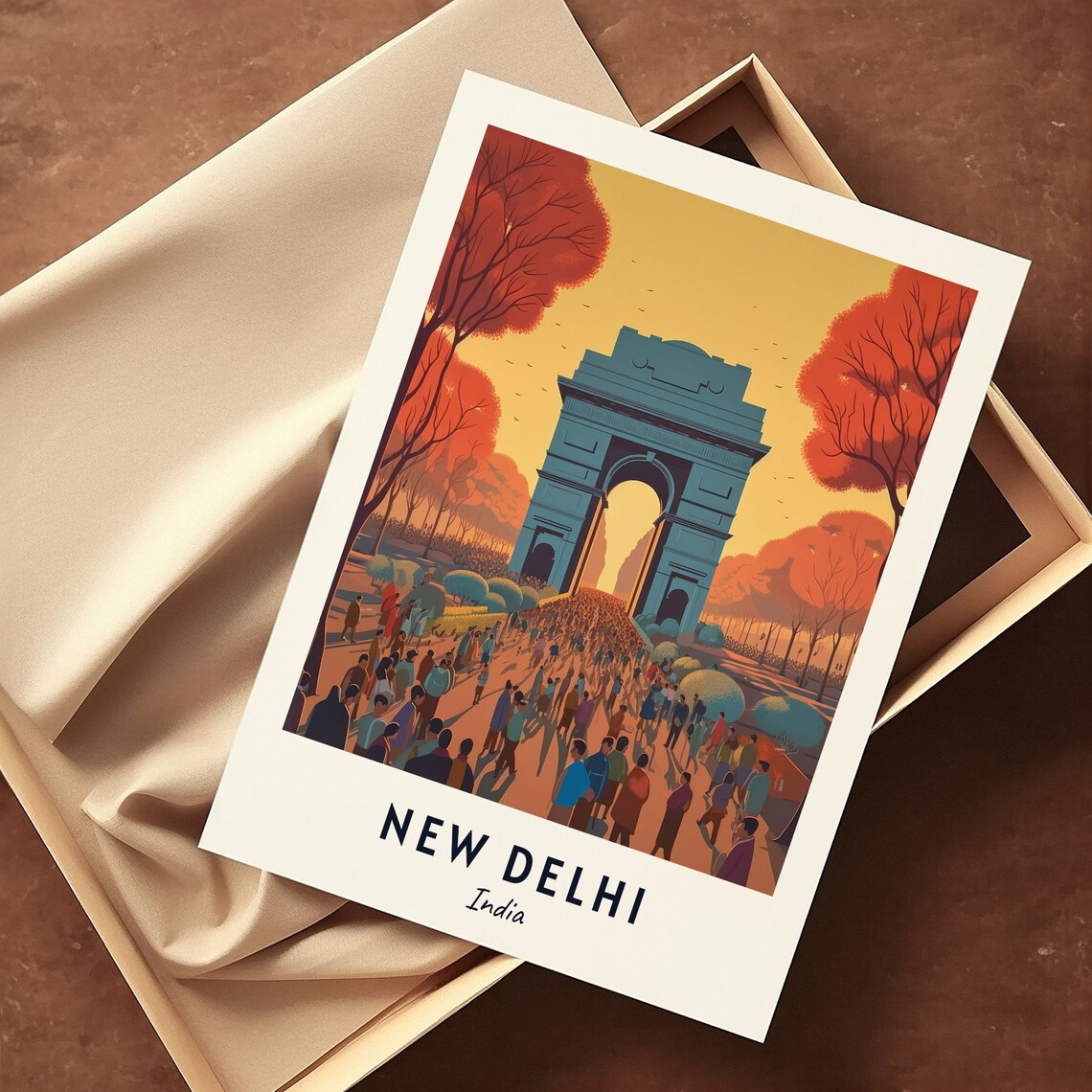 New Delhi India Gate At Sunset With Crowds Vintage Style Travel Poster - Image 3