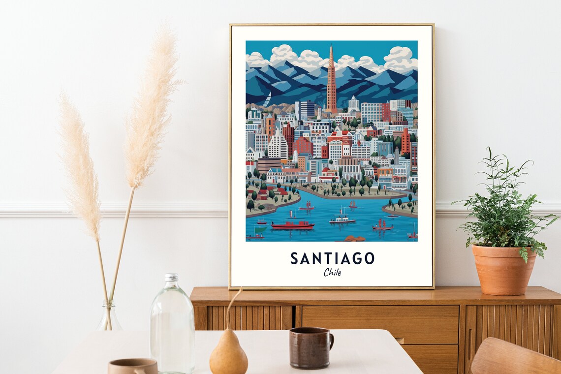 Santiago Chile Skyline Harbor Boats Andes Mountains Travel Poster - Image 2