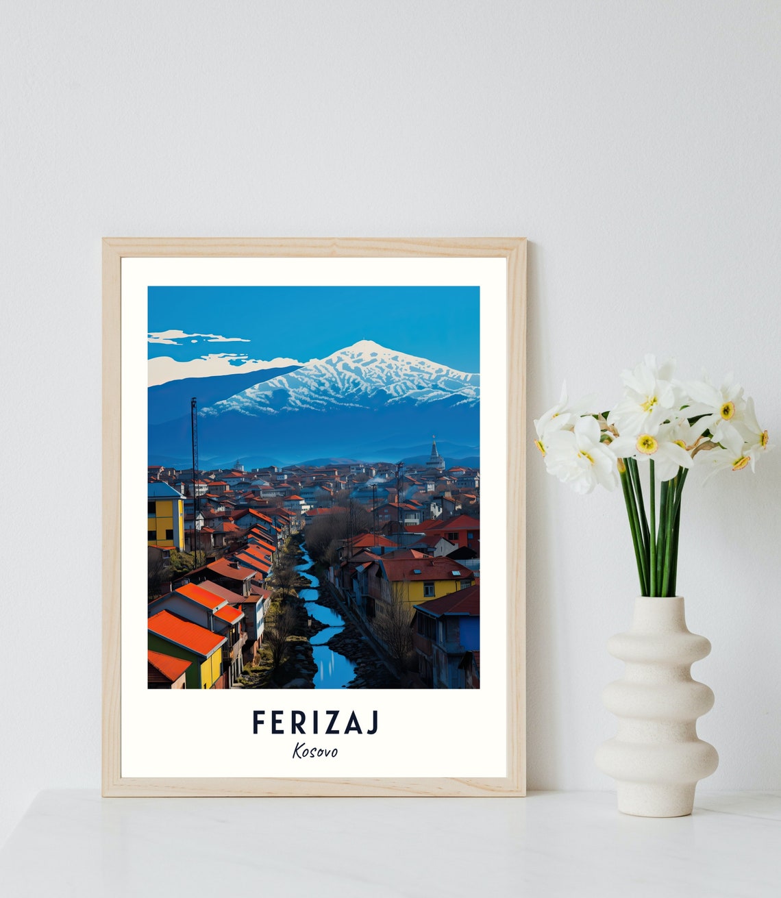 Ferizaj Kosovo City River Snowcapped Mountain View Travel Poster - Image 2