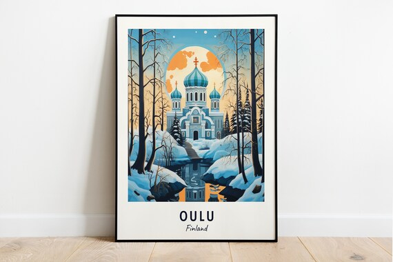Oulu Finland Snowy Cathedral Moonlit Winter Night Travel Poster