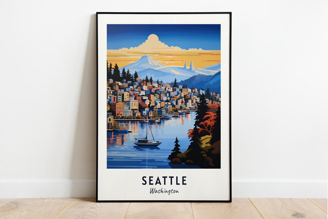 Seattle Washington Waterfront Space Needle Mount Rainier Travel Poster