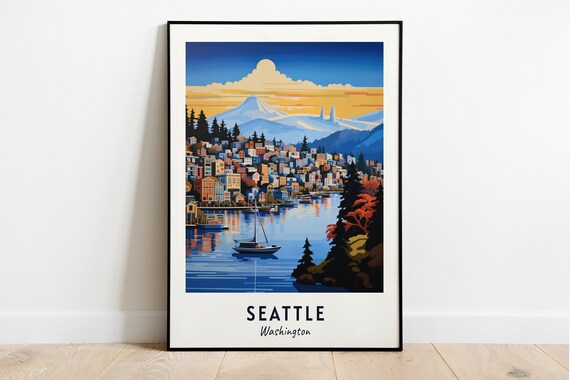 Seattle Washington Waterfront Space Needle Mount Rainier Travel Poster
