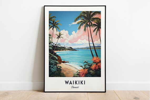 Waikiki Palm-Framed Beach Cove Turquoise Hawaii Travel Poster