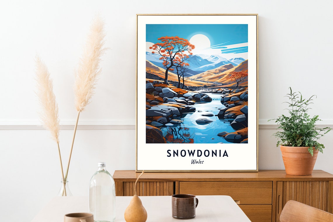 Snowdonia Wales Autumn Stream Orange Trees Mountain Sun Travel Poster - Image 2