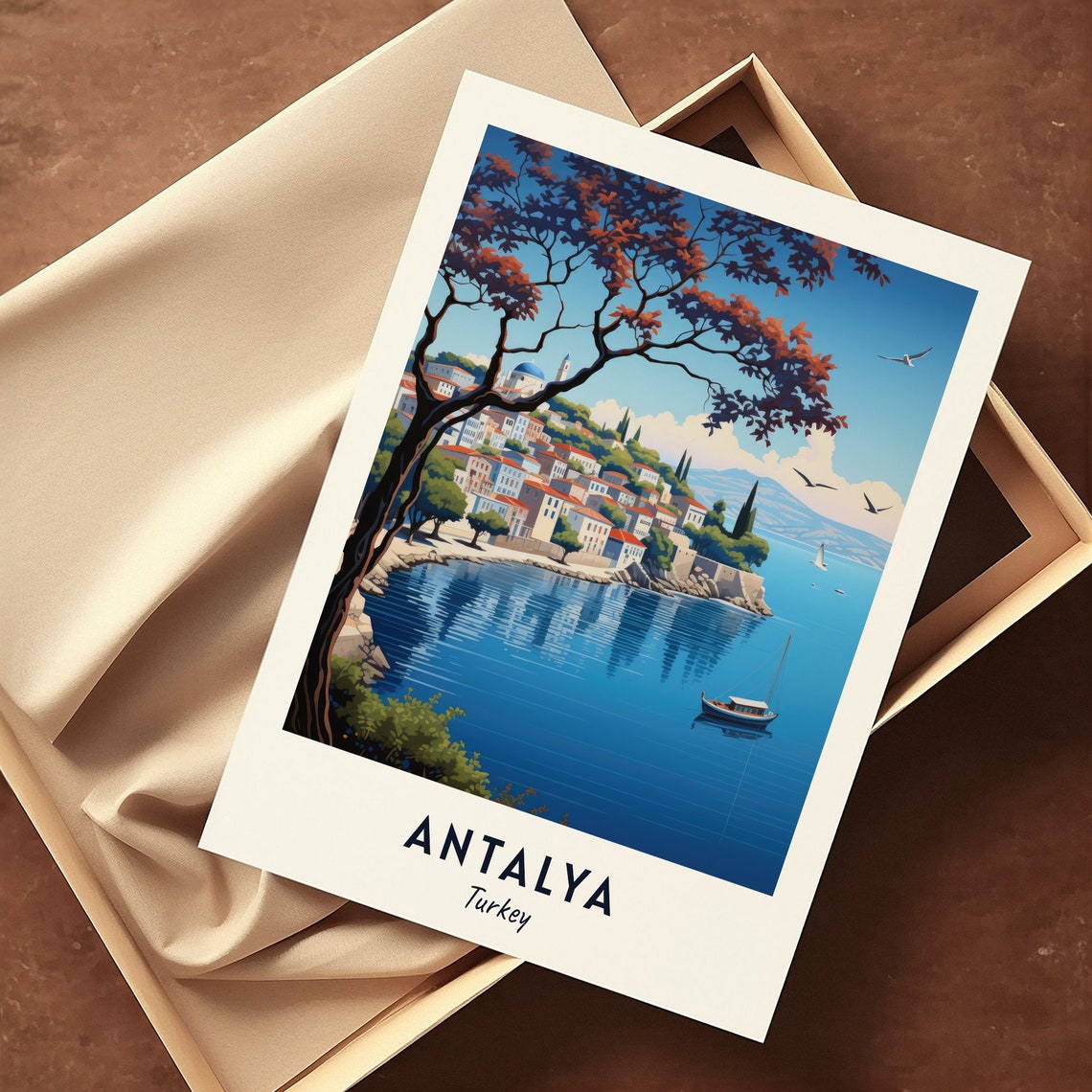 Antalya Turkey Harbor Bay Red Tree Minimalist Seascape Travel Poster - Image 3