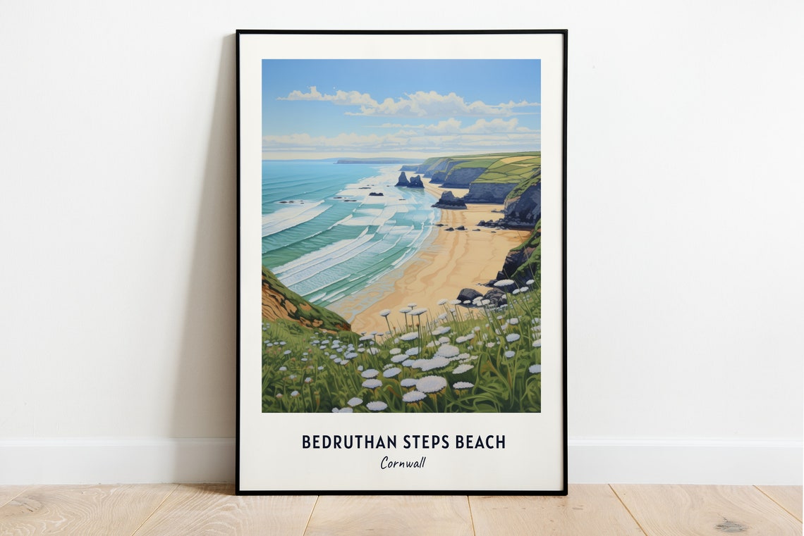 Bedruthan Steps Beach Cornwall Surf Coast Vintage Travel Poster