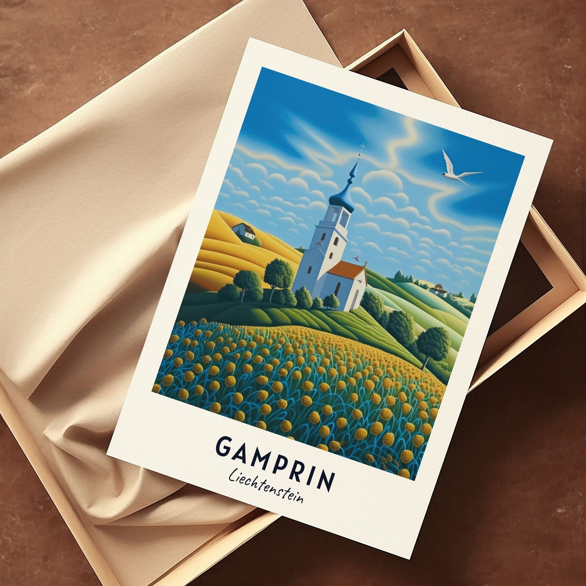 Gamprin Liechtenstein Chapel Above A Field Of Yellow Flowers Poster - Image 3