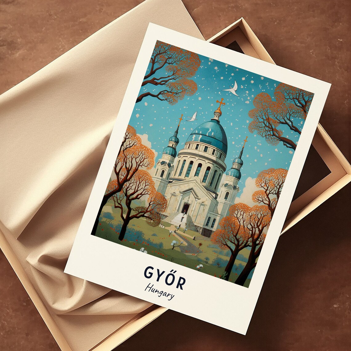 Győr Hungary Domed Cathedral Autumn Trees Retro Travel Poster - Image 3