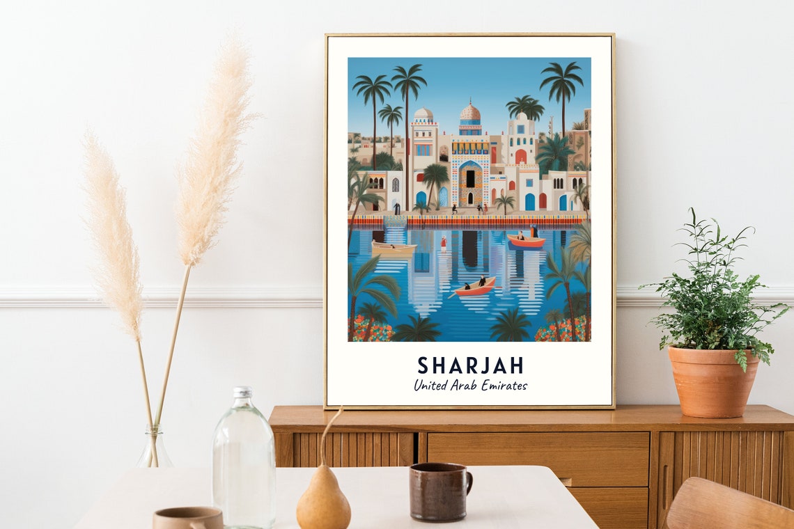 Sharjah UAE Heritage Waterfront Dhow Boats Travel Poster Artwork - Image 2