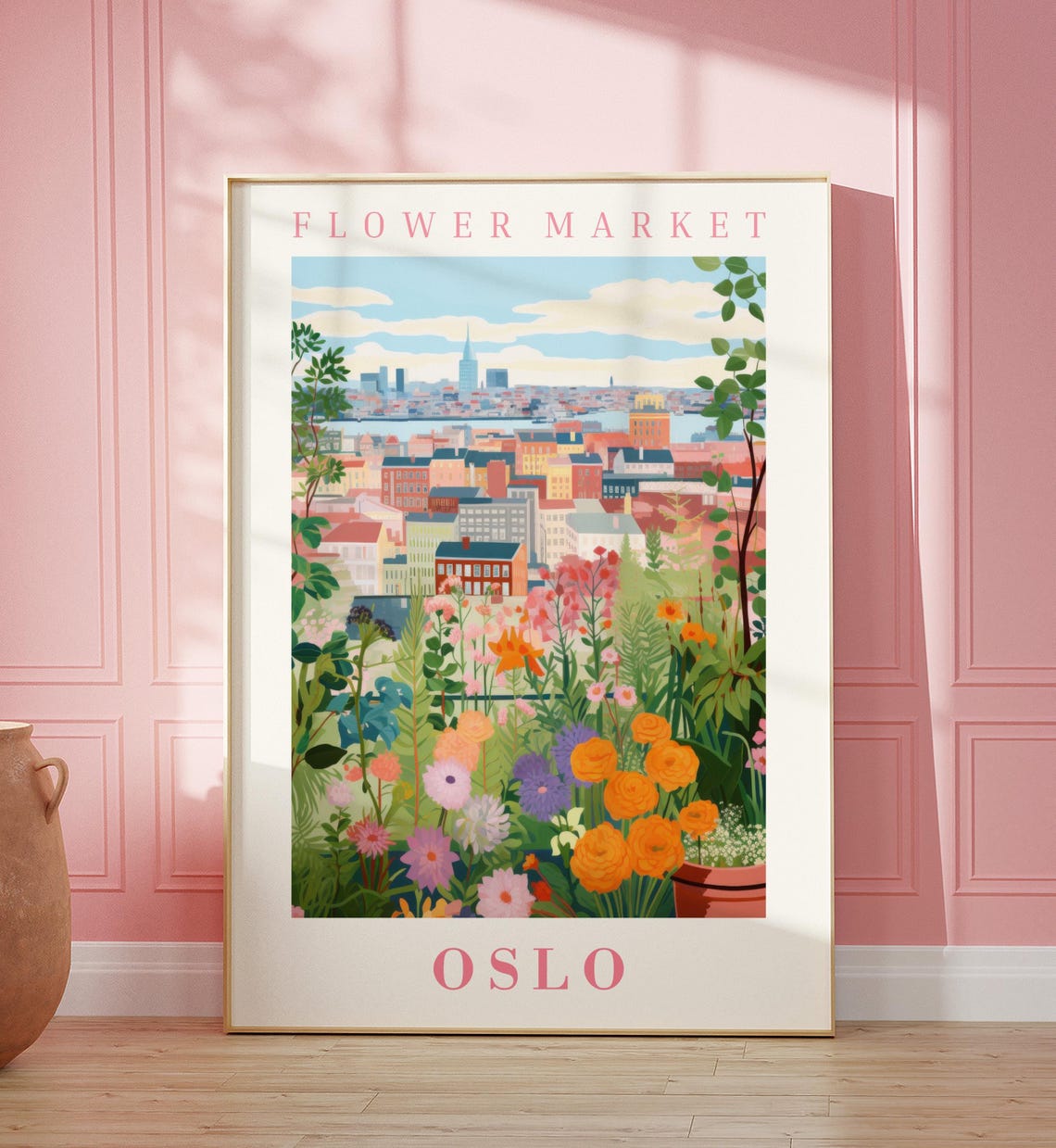 Oslo Flower Market Fjord Harbor View Botanical Travel Poster
