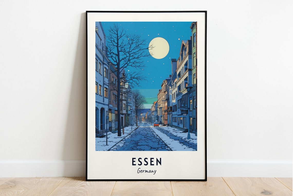Essen Germany Moonlit Snowy Street Winter Night Travel Poster
