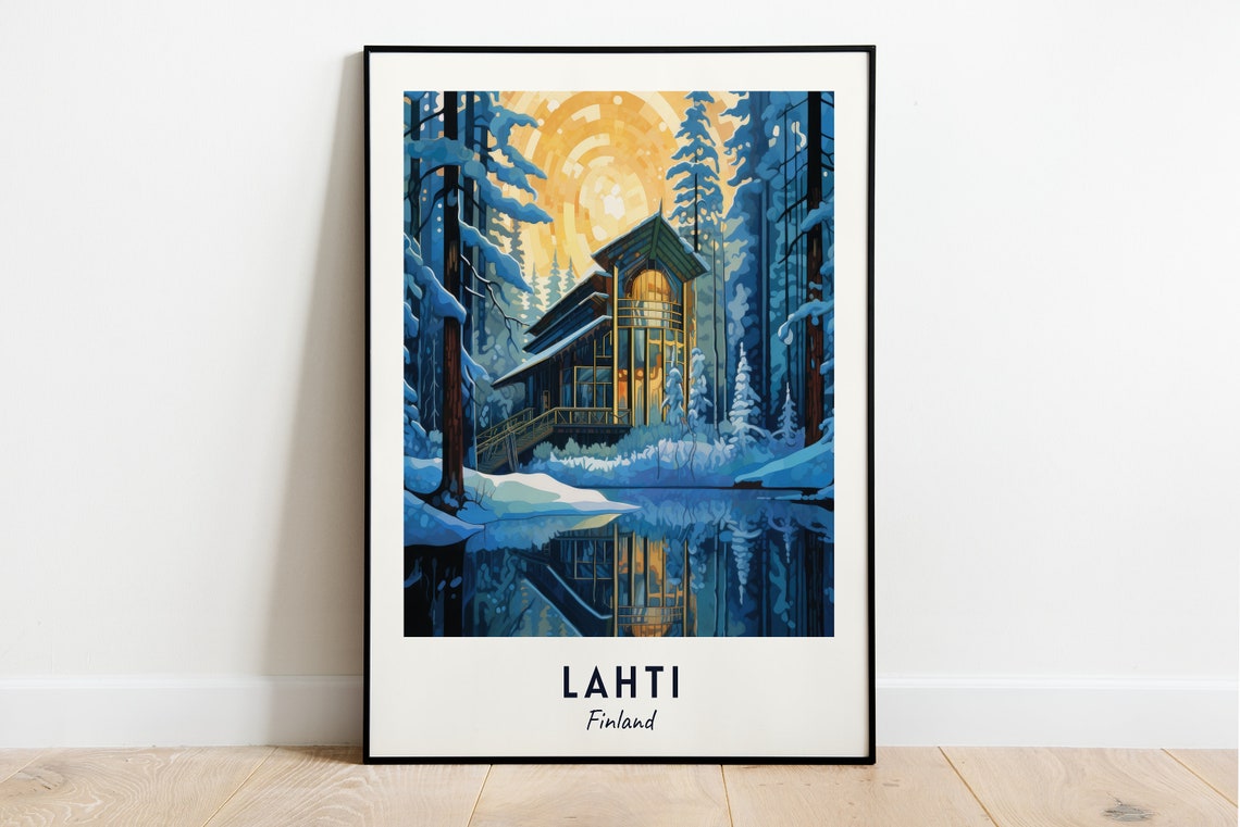 Lahti Sibelius Hall Snowy Pines Lake Dusk Glow Travel Poster
