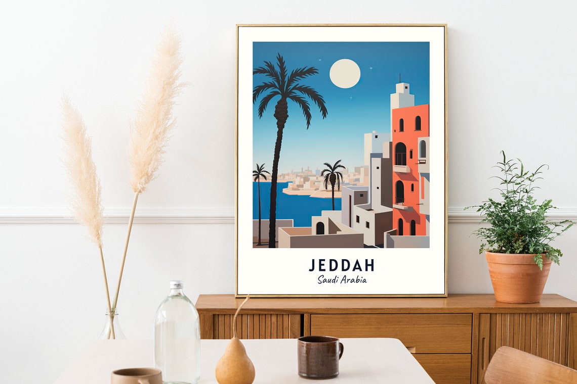 Jeddah Saudi Arabia Moonlit Old Town Palm Coastline Travel Poster - Image 2