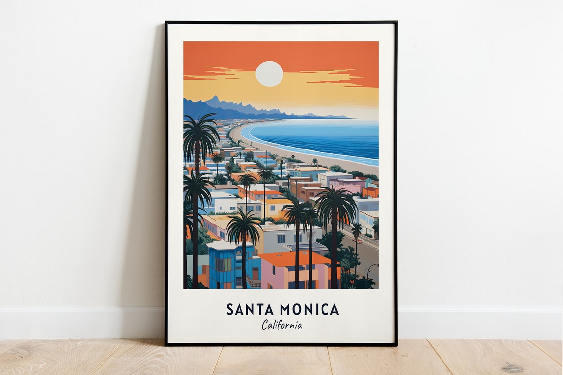 Santa Monica California Sunset Beach Curve Palm Coast View Poster