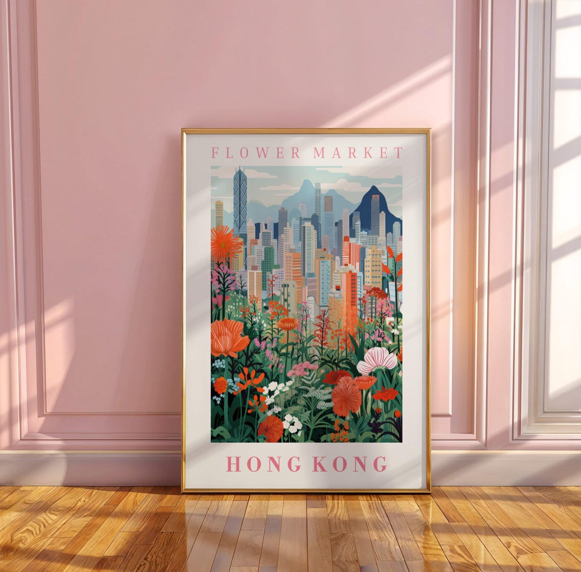 Hong Kong Flower Market Poster with Mountain Skyline Wildflower Art - Image 3