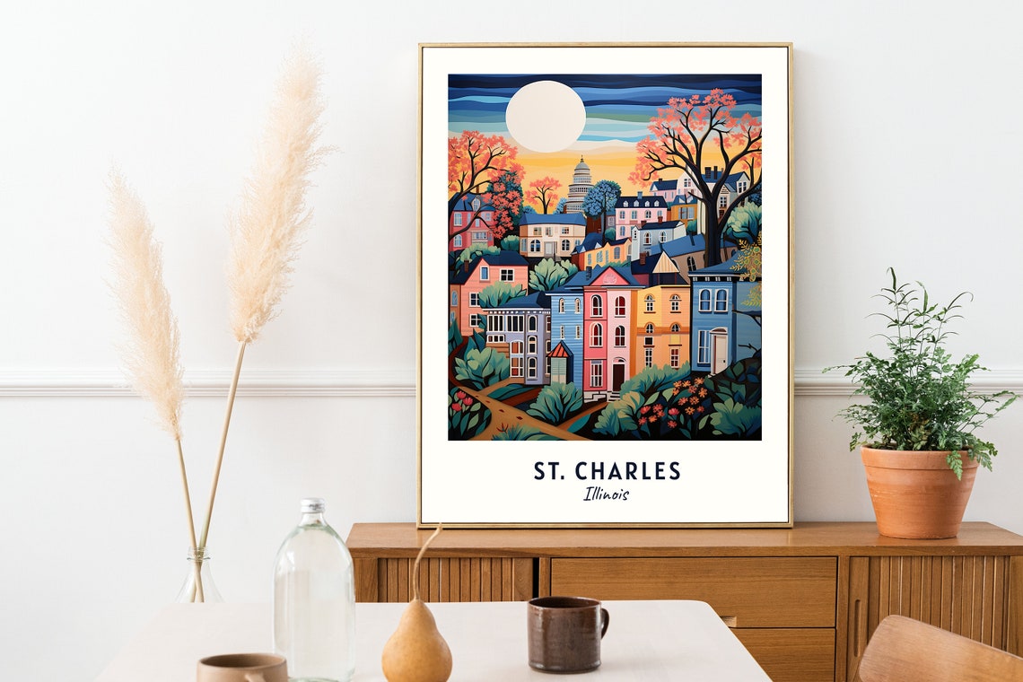 St Charles Illinois Colorful Sunset Neighborhood Moon Poster - Image 2