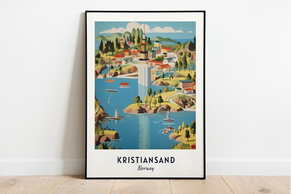 Coastal Harbor Town with Tower and Boats Kristiansand Norway Poster