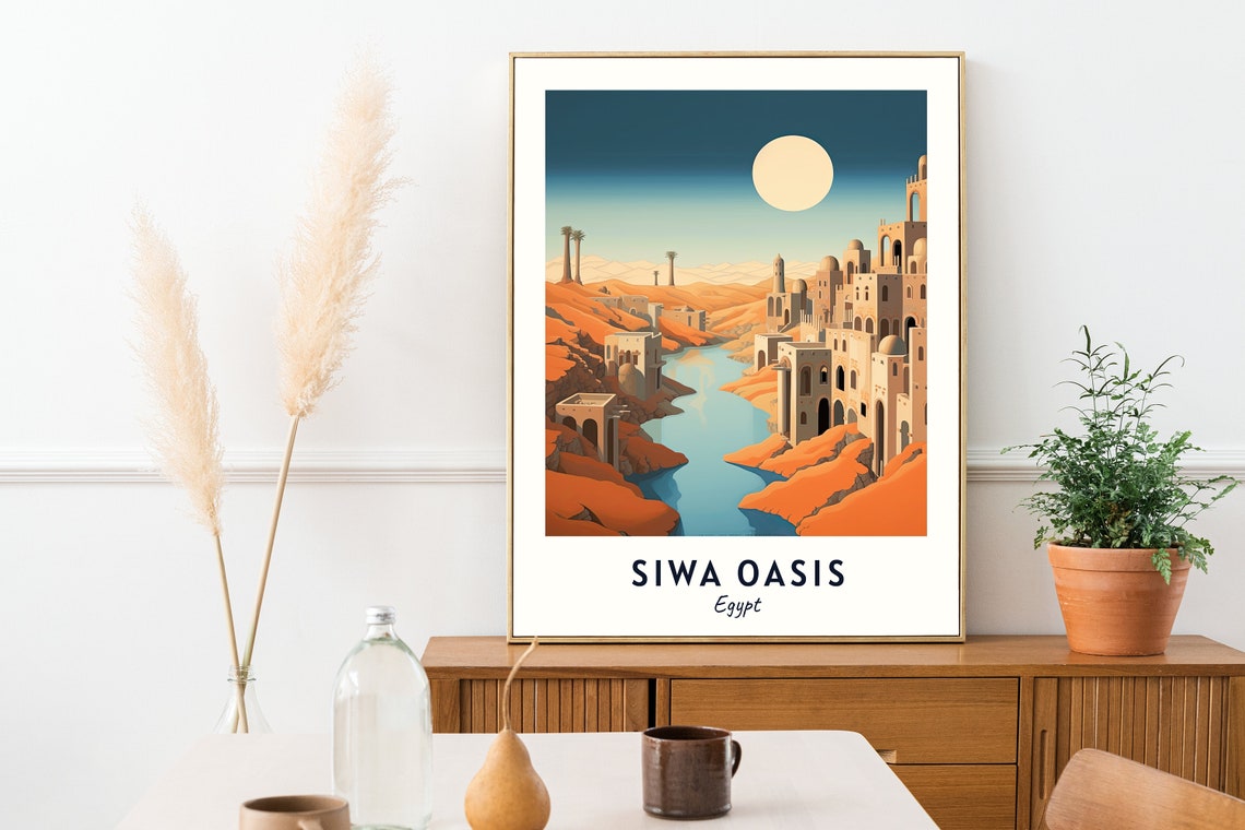 Moonlit Desert Oasis Town with Still Lake Siwa Oasis Egypt Poster - Image 2