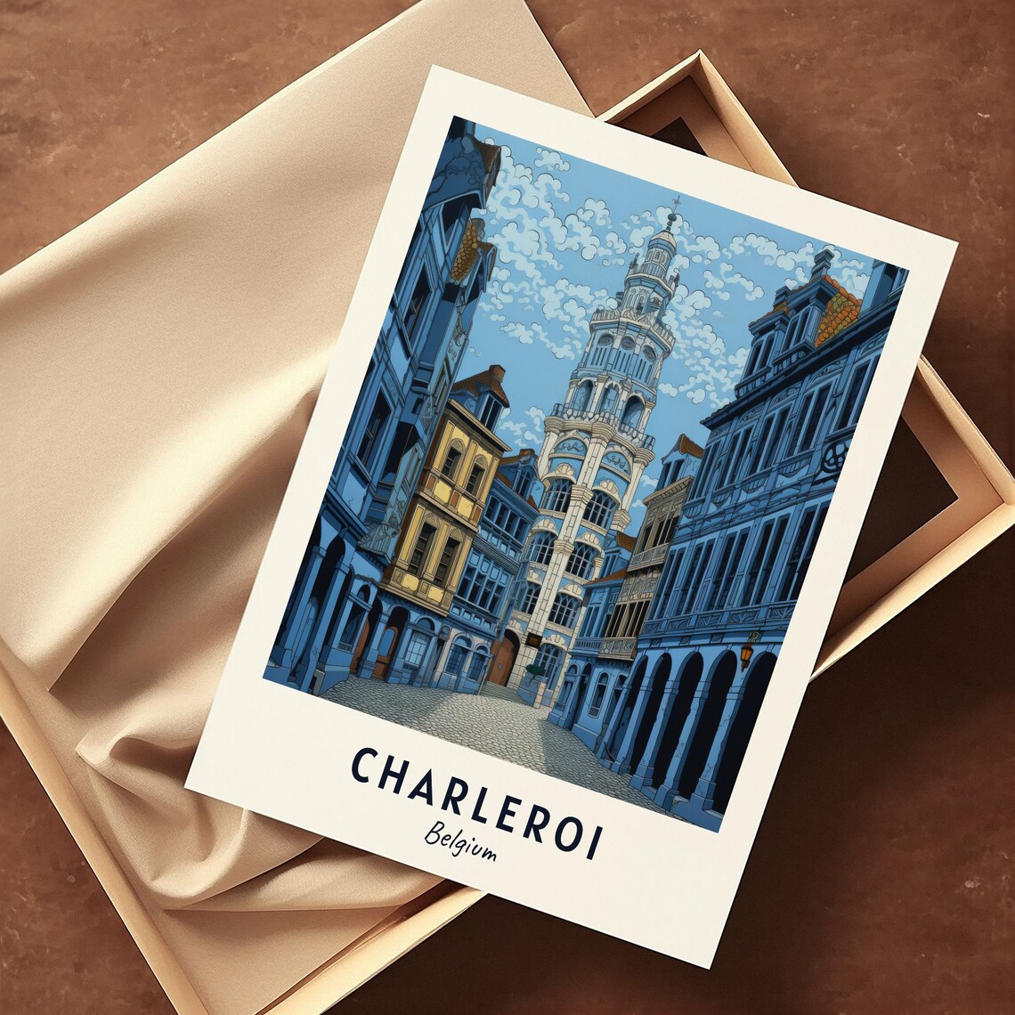 Charleroi Belgium Belfry Tower Old Town Street Monochrome Travel Poster - Image 3