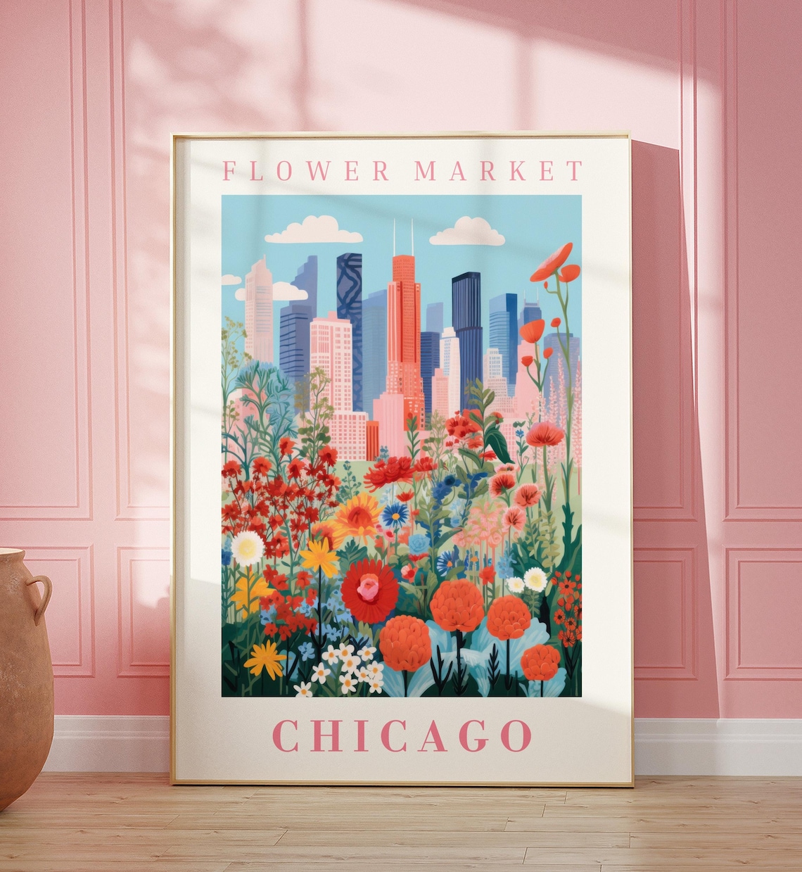Chicago Flower Market Travel Poster, Floral Illustration