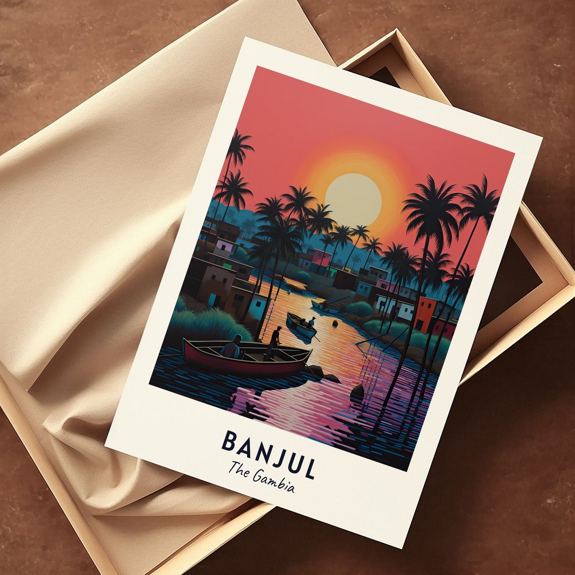Banjul The Gambia Sunset River Boats Tropical Palm Silhouette Poster - Image 3