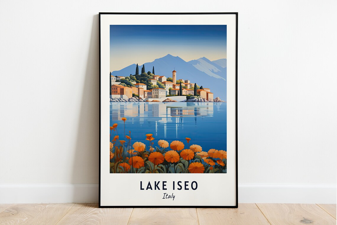 Lake Iseo Italy Lakeside Village Sunset Orange Flowers Poster