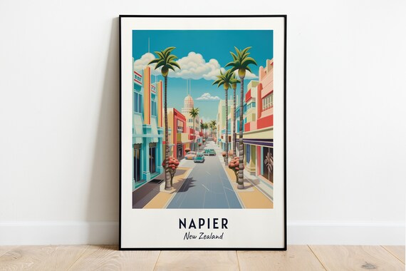 Napier New Zealand Art Deco Palm Lined Street Pastel Colors Poster