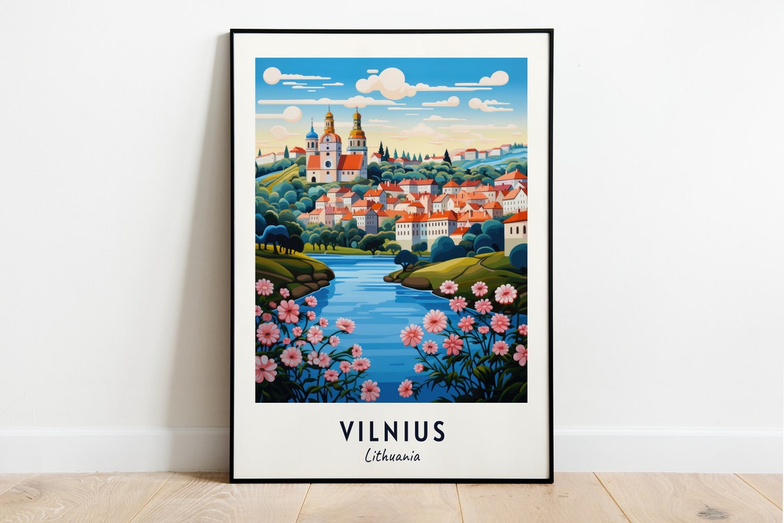 Vilnius Lithuania Old Town River View Spring Bloom Travel Poster