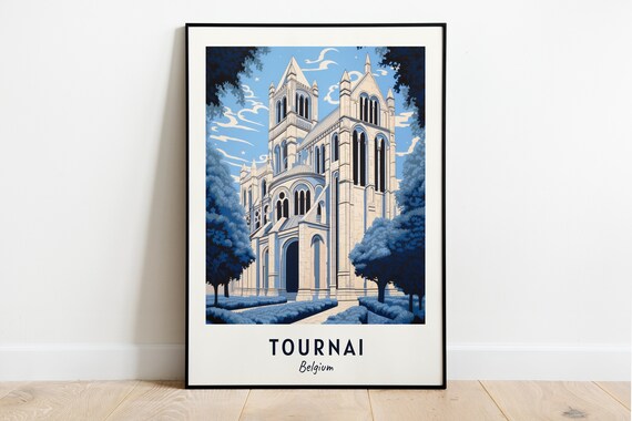 Tournai Belgium Gothic Cathedral Facade In Blue Tones Travel Poster