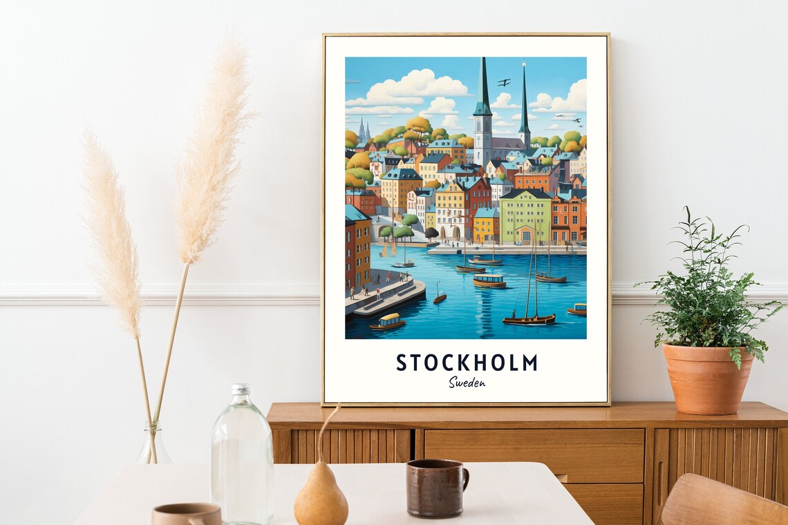 Stockholm Sweden Old Town Daytime Harbor Boats Scene Travel Poster - Image 2