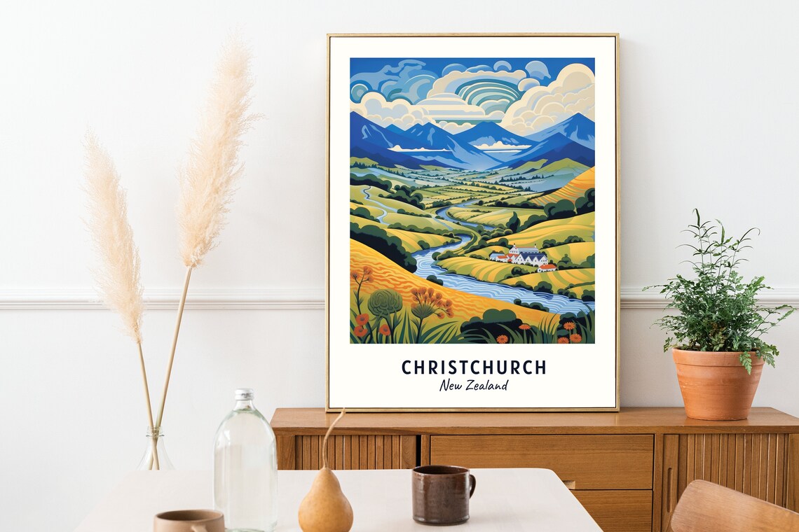 Christchurch New Zealand River Valley Southern Alps Travel Poster - Image 2
