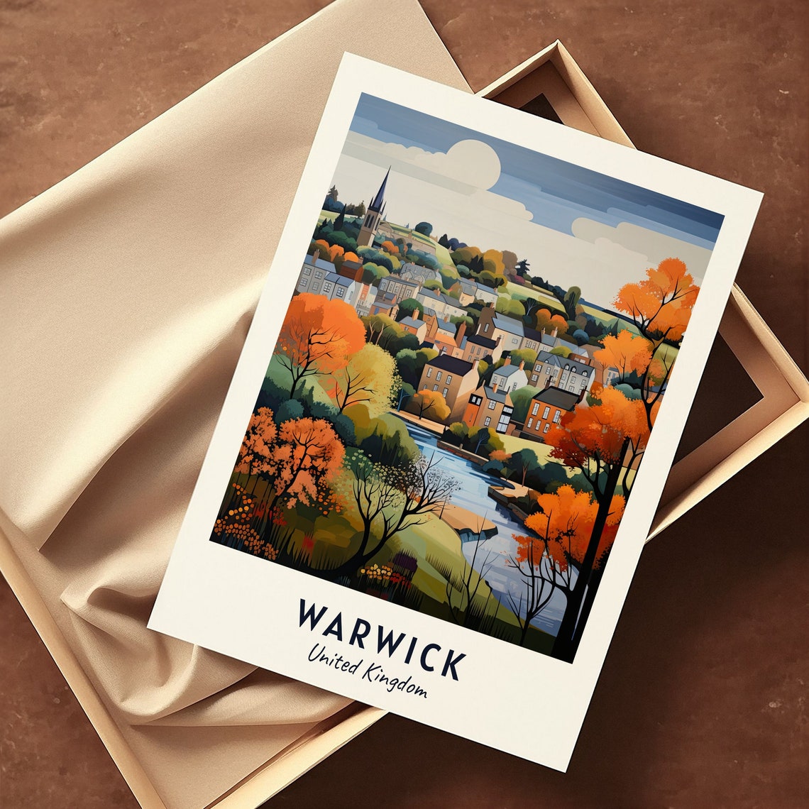 Warwick United Kingdom Autumn Riverside Town Valley Sunset Poster - Image 3