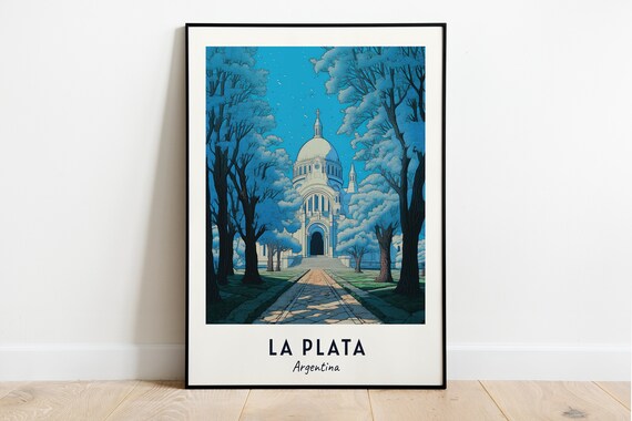 La Plata Argentina Cathedral Domes Tree Lined Avenue Blue Travel Poster