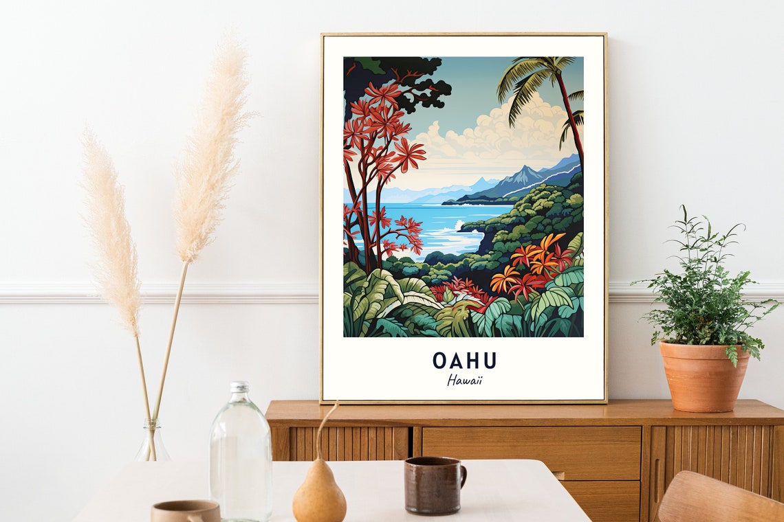 Oahu Tropical Coast Red Flowering Trees Lush Hawaii Travel Poster - Image 2