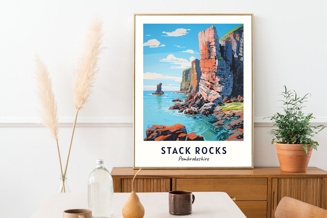 Stack Rocks Pembrokeshire Red Sea Cliffs Coastal Day Scene Poster - Image 2