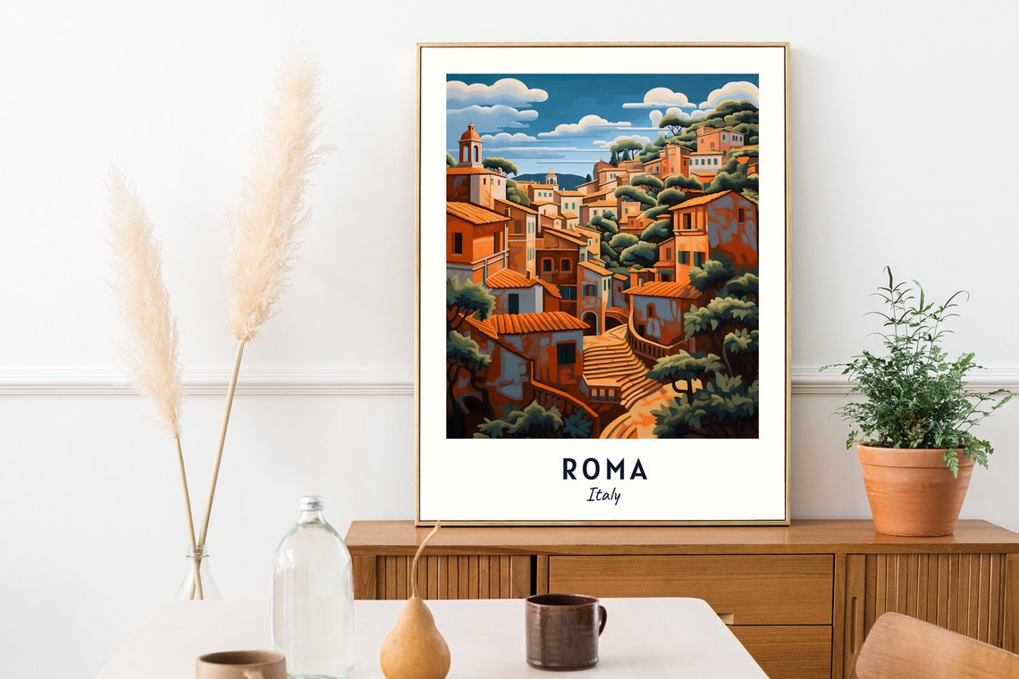 Roma Terracotta Rooftops Bell Tower Green Hillside Travel Poster - Image 2