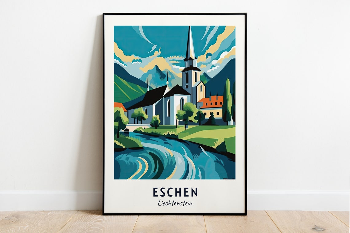 St Martins Church Riverside View Eschen Liechtenstein Travel Poster