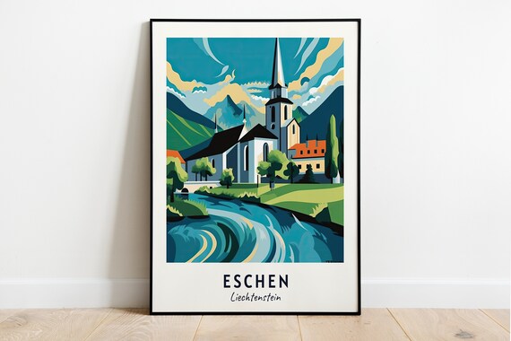 St Martins Church Riverside View Eschen Liechtenstein Travel Poster