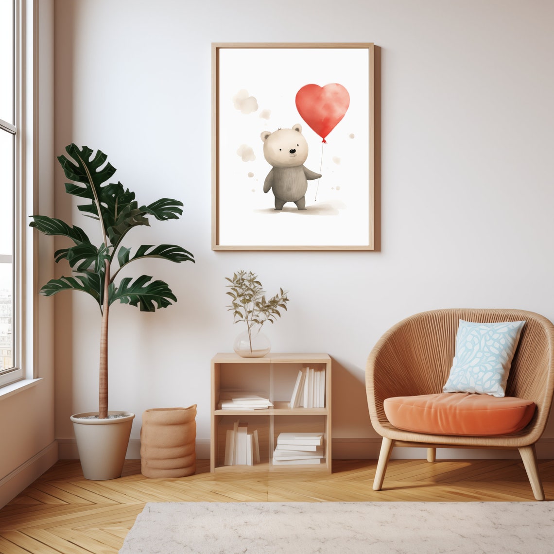 Cute Bear Holding Red Heart Balloon Watercolor Valentine Love Poster - Image 2