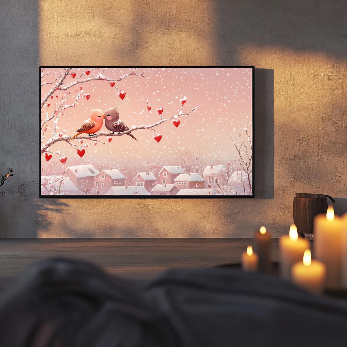 Lovebirds On Snowy Branch Over Village Floating Hearts Wall Art - Image 3