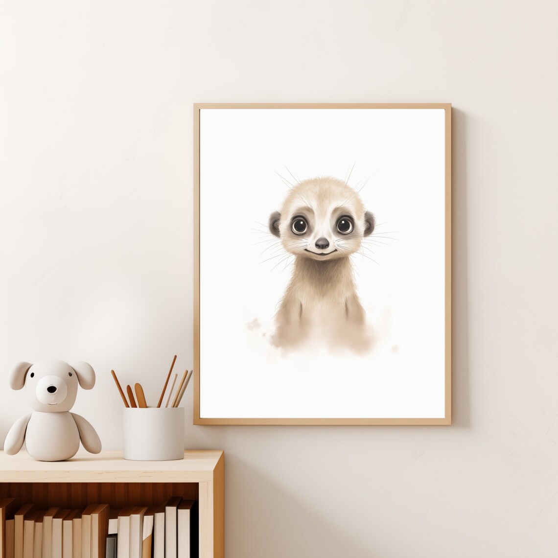 Cute Baby Meerkat Watercolor Portrait White Safari Nursery Wall Art - Image 5