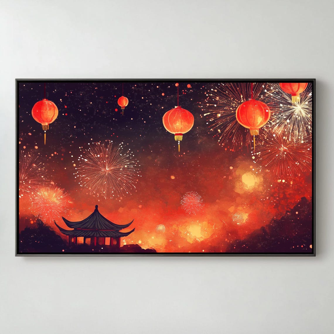 Fireworks Red Lanterns Pagoda Lunar New Year Night Art TV Poster