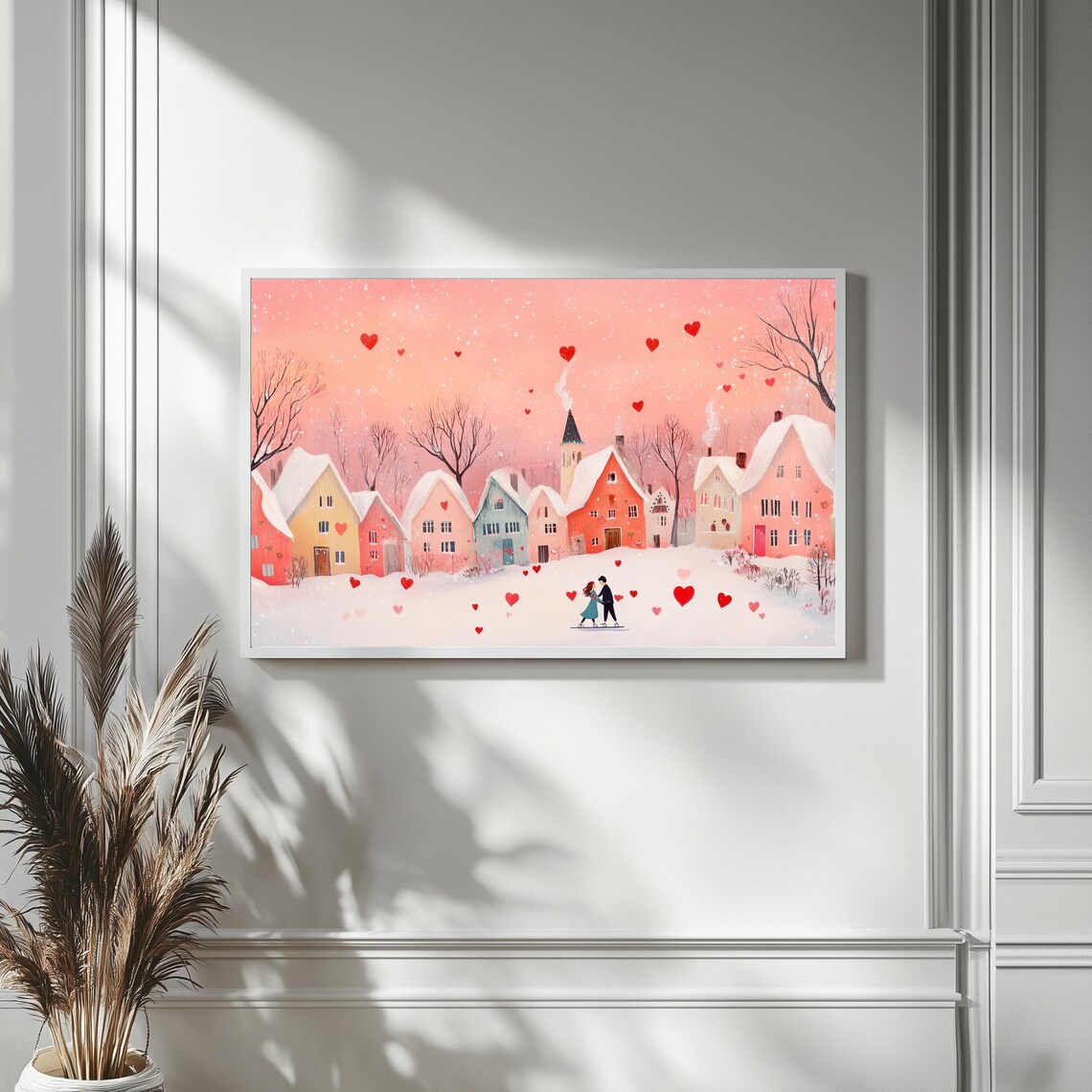 Couple Ice Skating In Snowy Pink Village Hearts Romantic Wall Art - Image 4