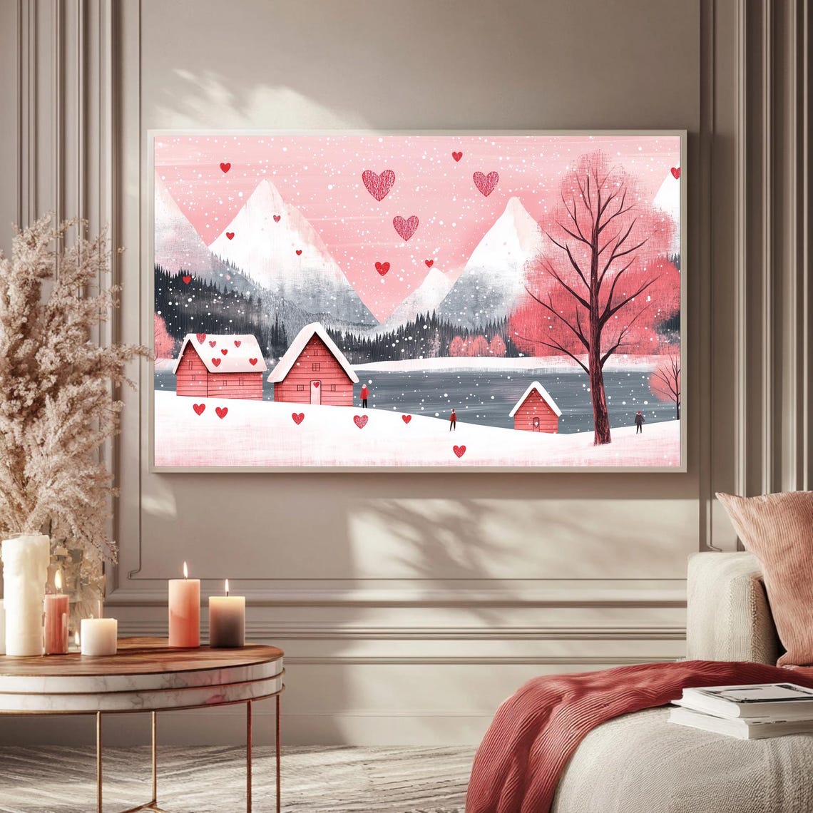 Snowy Lakeside Village Red Cabins Pink Mountains Hearts Wall Art - Image 5
