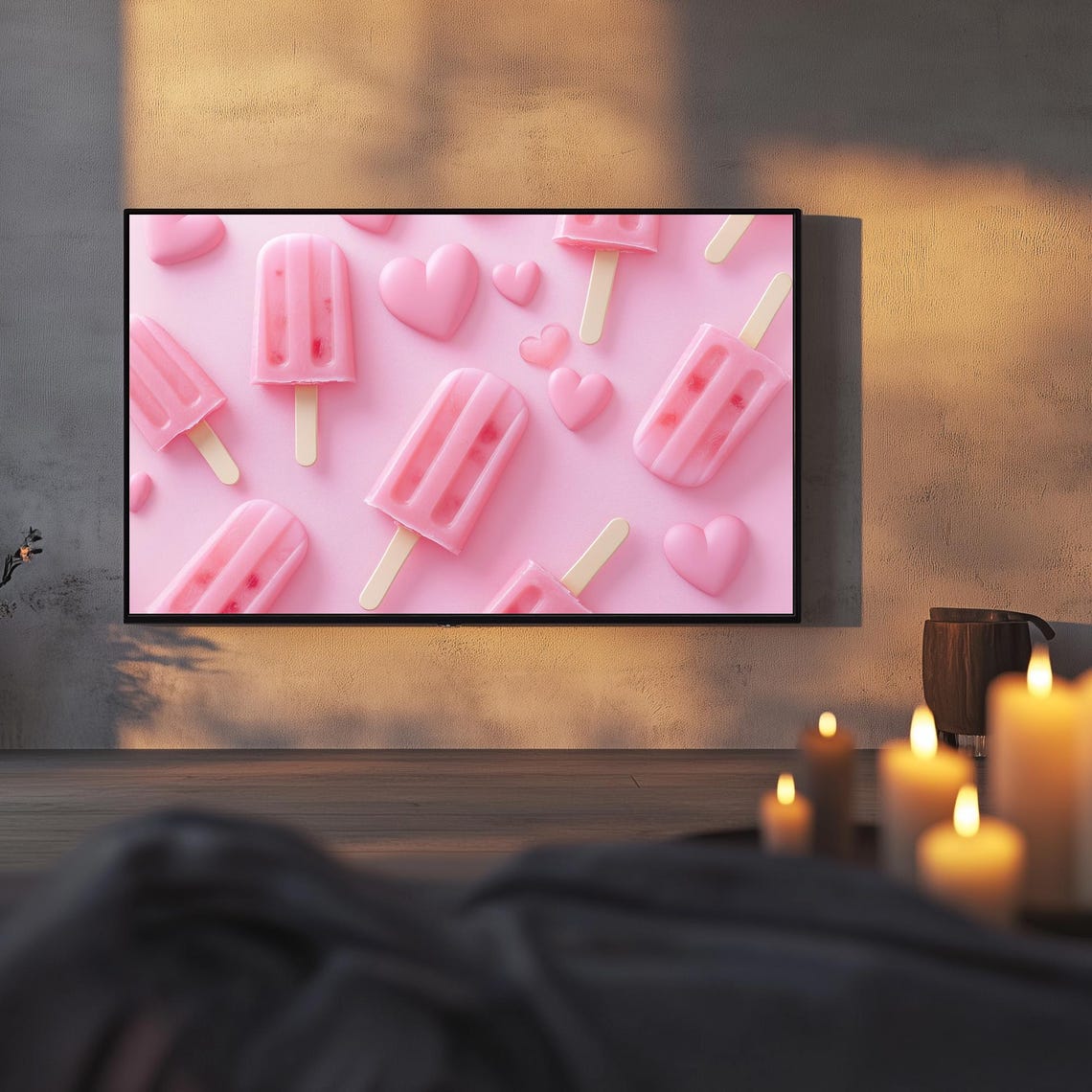 Pink Heart Popsicles Valentines Day Pattern Dessert Art TV Poster - Image 3